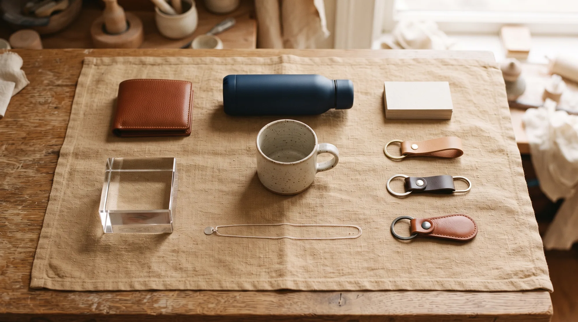 Geldbörse, Kristallblock, Trinkflasche, Schmuck und Schlüsselanhänger von oben fotografiert